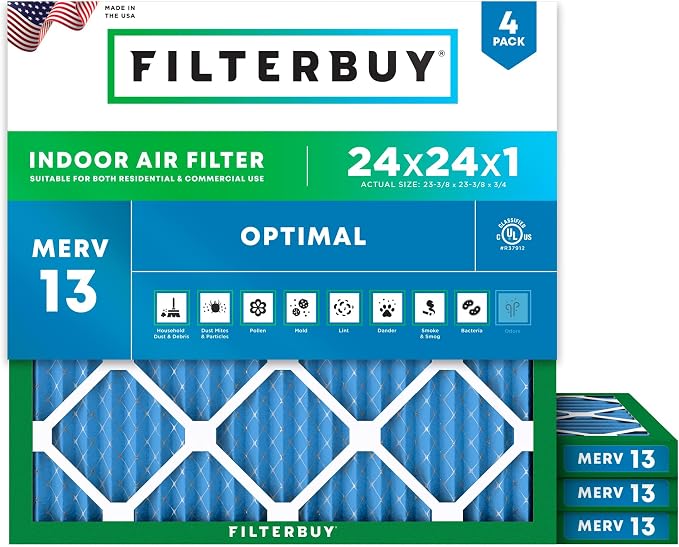 Filterbuy 24x24x1 Air Filter MERV 13 Optimal Smoke & Allergy Defense, by Filterbuy