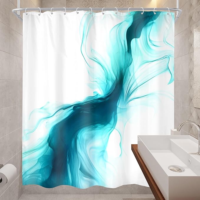 Cinbloo Teal Turquoise Aqua 60Wx72H Shower Curtain Abstract Modern Ombre Marble Ink Art White Texture Minimalist Bathroom Curtain Set Aesthetic Simple Cool Neutral Bath Bathroom Accessories Decor