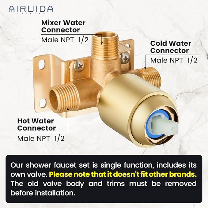 Airuida Shower Faucet Set Bathroom Rain Shower System SUS304 Stainless Steel Single Handle With Male Threads Rough-in Valve Shower Trim Kit 12 Inch Wall Mount Shower Head Brushed Gold