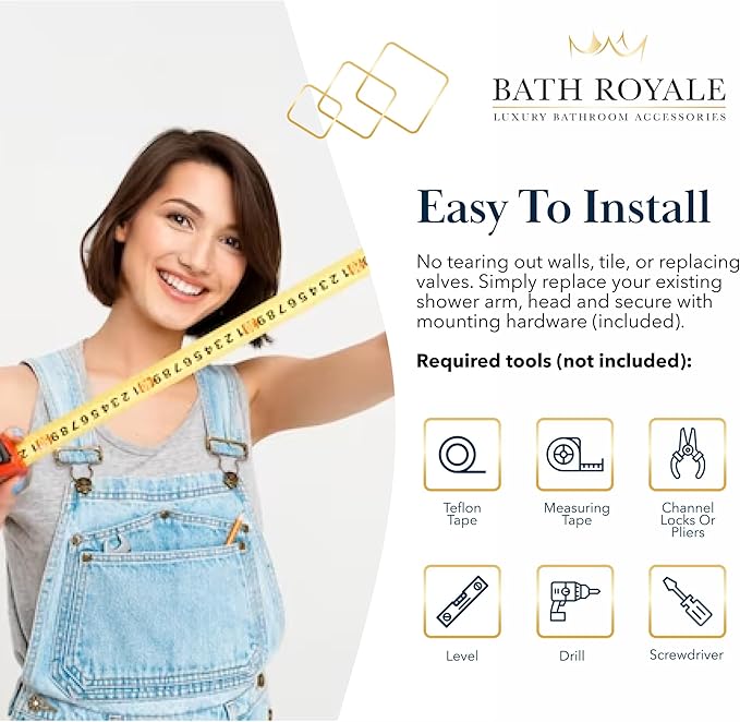 BATH ROYALE Rain Shower Head & Detachable Handheld Spray Combo, Easy Install & 3 Spray Modes, Chrome