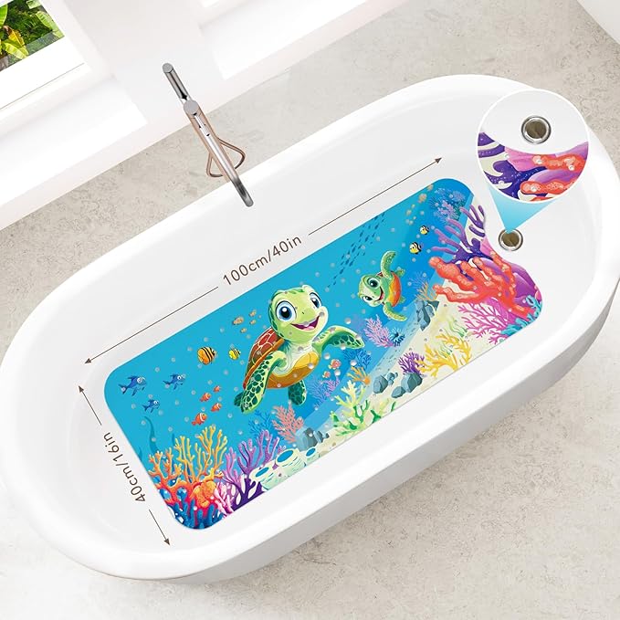 SHUCHING Baby Bath Mat for Tub Non Slip-40 X 16 Inch, Extra Long Kids Bathtub Mat Non Slip, Toddler Shower Mat for Bathroom, Sea Turtle