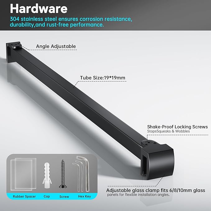 Frameless Shower Door Support Bar, Stainless Steel Wall-to-Glass Support Arm to Fixed Shower Glass Panel, for 1/4"-3/8" (6-10 mm) Door, 180° Pivot & Stow-Flat Mode (Matte Black, 31.5-inch(800mm))