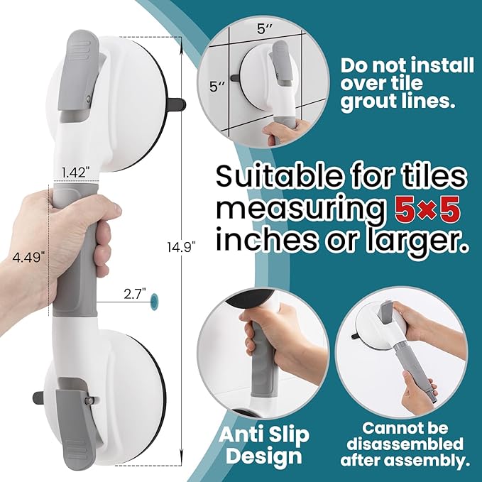 TAILI Grab Bars for Bathtubs and Showers,2 Pack Shower Handles for Elderly Suction,Maximum 330lbs,Shower Grab Bar with Upgraded Rubber Suction Cups,Safety Grip for Senior, No Drilling Removable,Grey