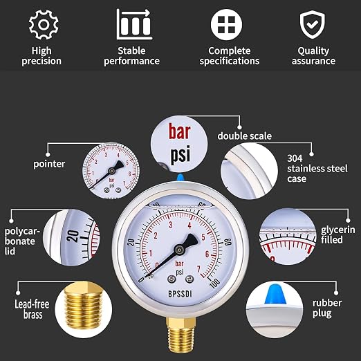 0-100 Psi Lead-Free Glycerin Liquid Filled Low Pressure Gauge, 2.5" Dial Size - Image 4