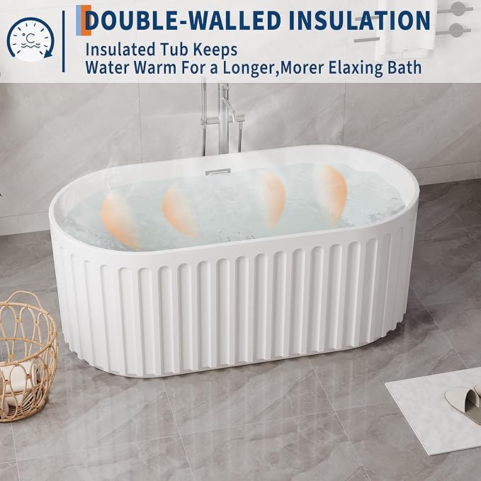 59"Acrylic Freestanding Bathtub, Modern Soaking Tub with Matte Drain and Overflow, Ergonomic Deep Design, Double-Walled Insulation, CUPC Certified, Easy Clean, Slip-Resistant