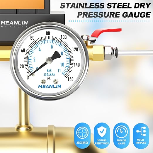 MEANLIN MEASURE 0~160Psi Dry Pressure Gauge Stainless Steel 1/4" NPT 2" FACE - Image 7