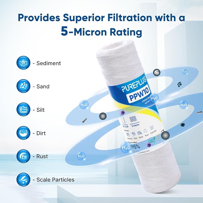 PUREPLUS 5 Micron 10"x2.5" Whole House String Wound Sediment Filter - Image 6
