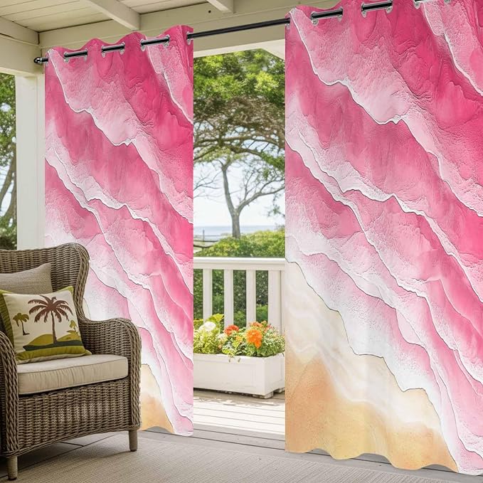 Ocean Outdoor Curtains for Patio Beach Waves Watercolor Abstract Gradient Pink - Image 5