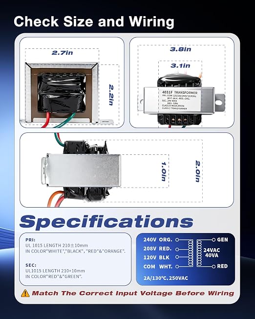 2 Pack 24V Control Transformer 40VA, Primary 120/208/240V Secondary Output - Image 3