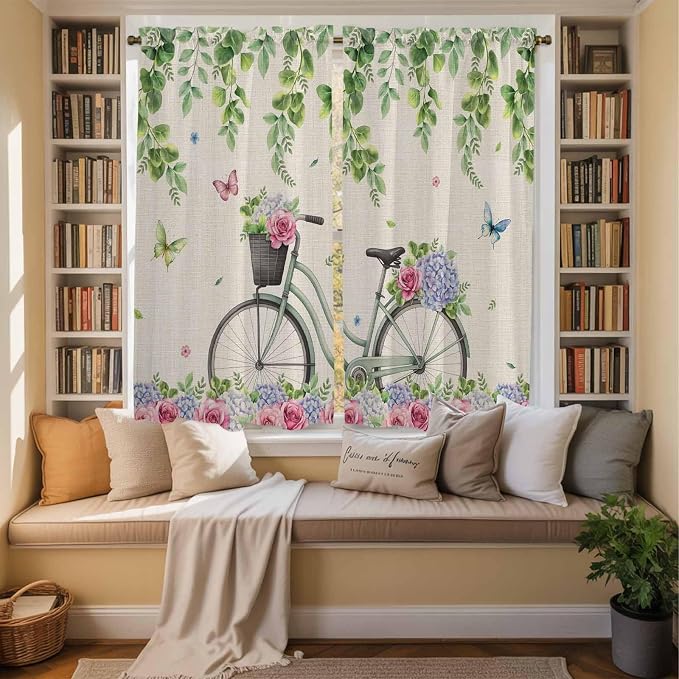Farmhouse Spring Kitchen Curtains, Retro Bicycles Flowers Vines Butterfly Light - Image 3