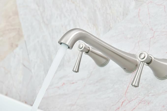 SITGES High Flow Brushed Nickel Wall Mount Bathtub Faucet with Two Level Handles,Extra-Long 10.5" Spout Reach Solid Brass Wall Tub Filler with Rough-in Valve Included