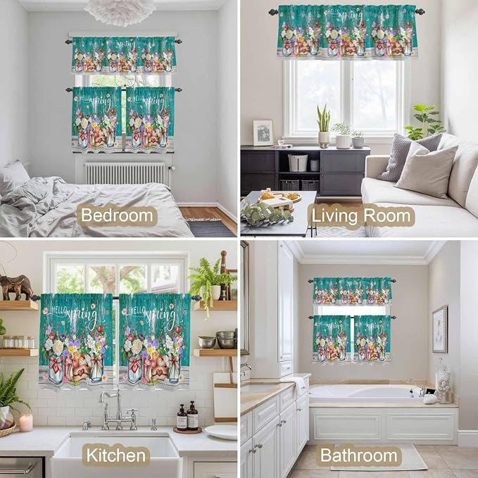 Kitchen Curtains Tiers and Valance Set of 3, Spring Flowers Light Filtering - Image 7