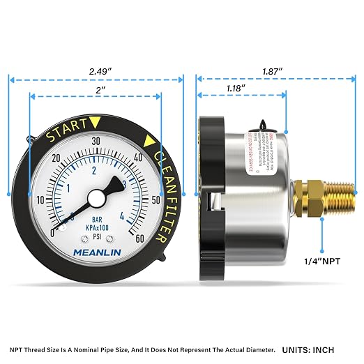 MEANLIN MEASURE 0~60Psi Stainless Steel Start and Clean Filter Pressure Gauge - Image 2