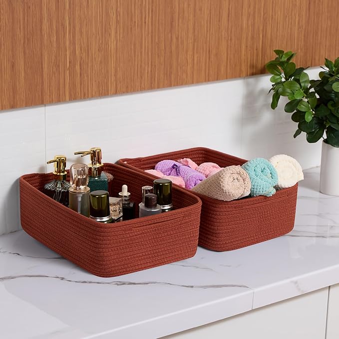 Large Shallow Organizing Baskets 15x11x5.1 Inches - Rope Woven Storage Bins for Bathroom, Shelves, Cube Closet, Red 3 Packs