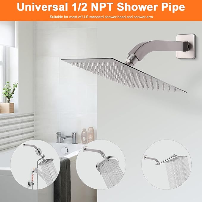 HarJue Shower Arm with Flange and Teflon Tape, Wall Mounted Square Shower Pipe 304 Stainless Steel Extension Arm for Fixed Shower Head & Handheld Shower (6 Inch, Brushed Nickel)