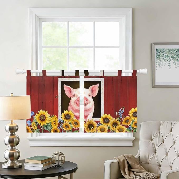 Pigs Sunflowers Kitchen Curtains 36 Inch Length, Small Window Curtains Tab Top - Image 2