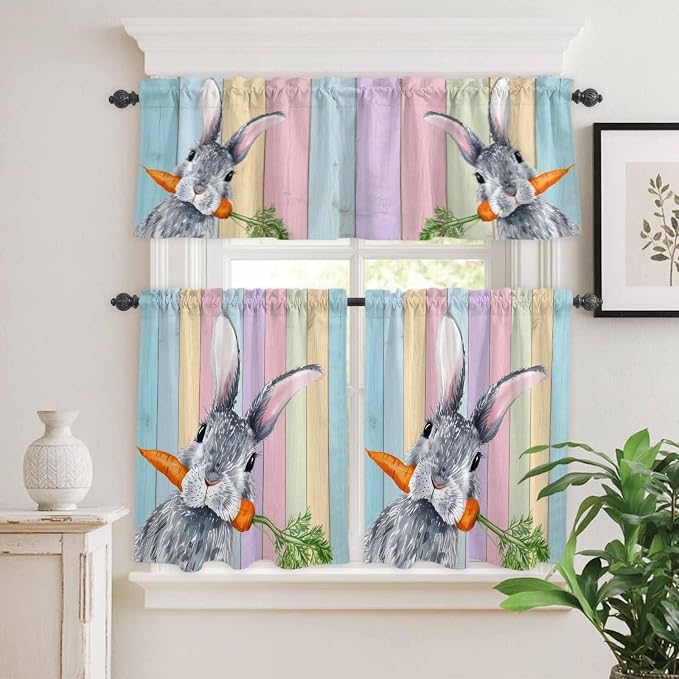 Easter Kitchen Curtain Set, Spring Grey Rabbit Carrots Colorful Wooden Plank - Image 2