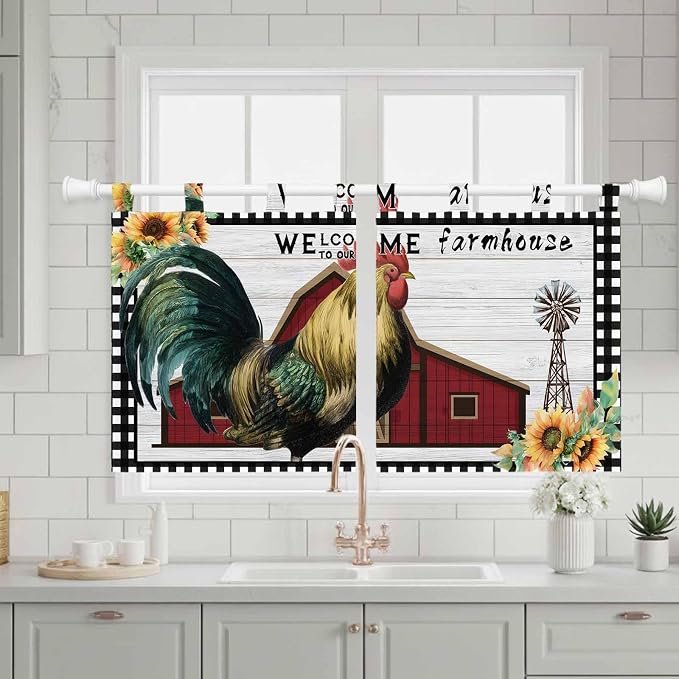 Farmhouse Rooster Kitchen Curtains 24 Inch Length, Small Window Curtains Tab Top - Image 3