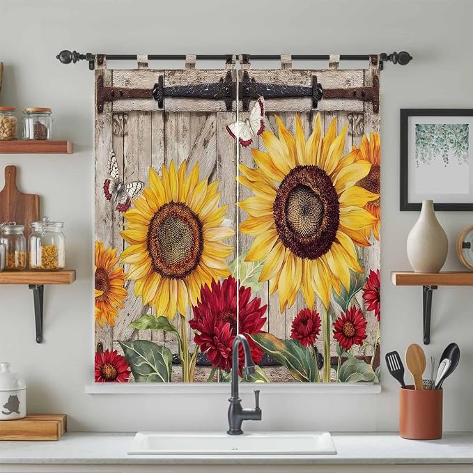 Sunflowers Bathroom Curtains 63 Inch Length, Window Curtains Tab Top, Retro - Image 3