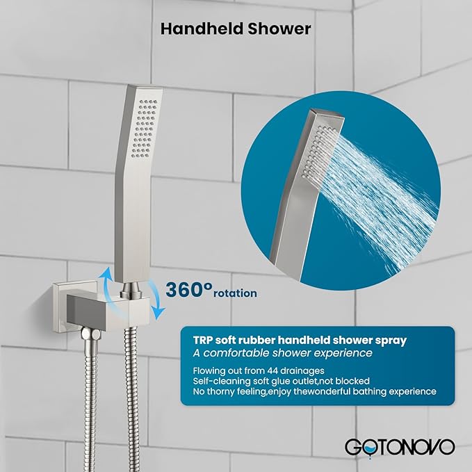 gotonovo Rainfall Bathroom Shower System Rain Shower Head and Handle Set Wall Mounted Shower Complete Combo Solid Brass Pressure Balancing Shower Mixer Valve 12 Inch Brushed Nickel