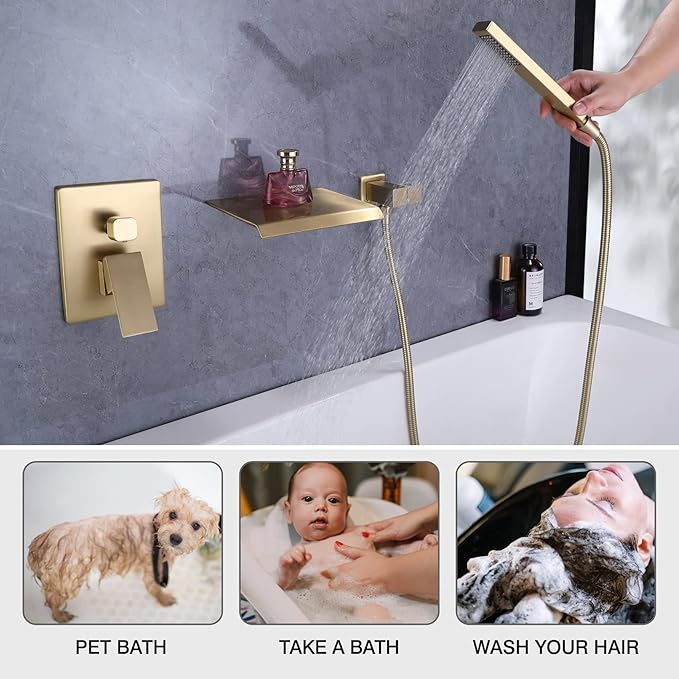 Taplong Wall Mount Tub Faucet with Waterfall Tub Spout Tub Faucet Set Wall Mounted Bathtub Faucet with Handheld Sprayer Brushed Gold Modern Bathroom Tub Filler Rough-In Valve Included-91266BG