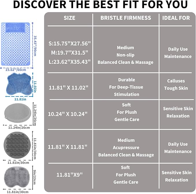 Bath Tub Shower Mat with Soft Shower Foot Scrubber Mat for Massage,Non Slip Bathtub Mat with Strong Suction Cups, Silicone Shower Foot Scrubber Mat (Dusty Blue, 31.5" X 19.7"(Rectangular))