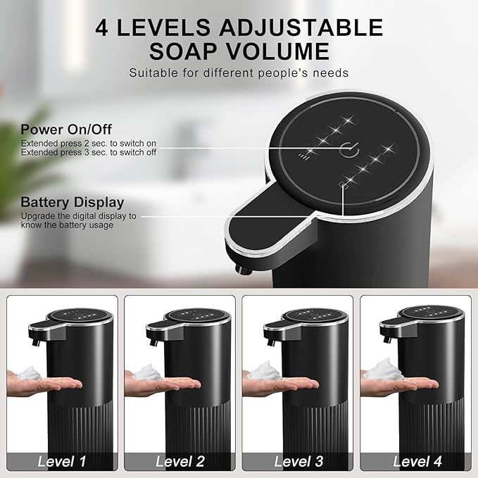 GuDoQi Automatic Touchless Foaming Soap Dispenser, 4-Level Adjustable Foam, USB Rechargeable Hand Soap Dispenser for Bathroom, Kitchen Countertops, 12.2oz/360mL, Black