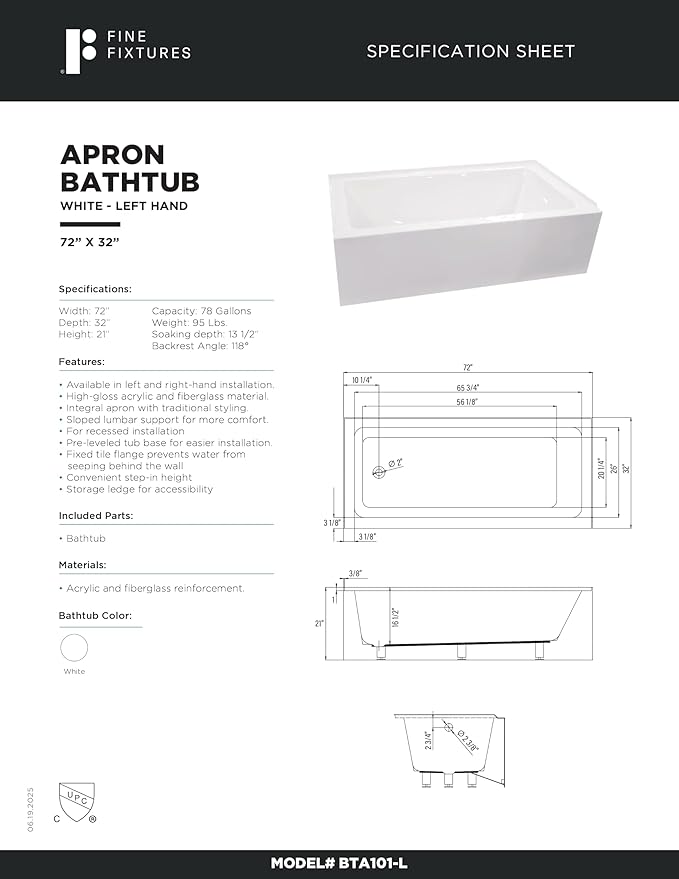 Fine Fixtures Acrylic, Fiberglass Alcove Soaking Bathtub with Integral Apron Front in Glossy White - Left Hand Drain, 72" x 32"