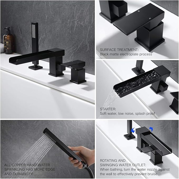 TapLong Waterfall Tub Filler Faucet with HandHeld Shower Widespread Roman Tub Faucet Set, Deck Mount 3-Holes Single-Handle Faucet in Matte Black, 03111B