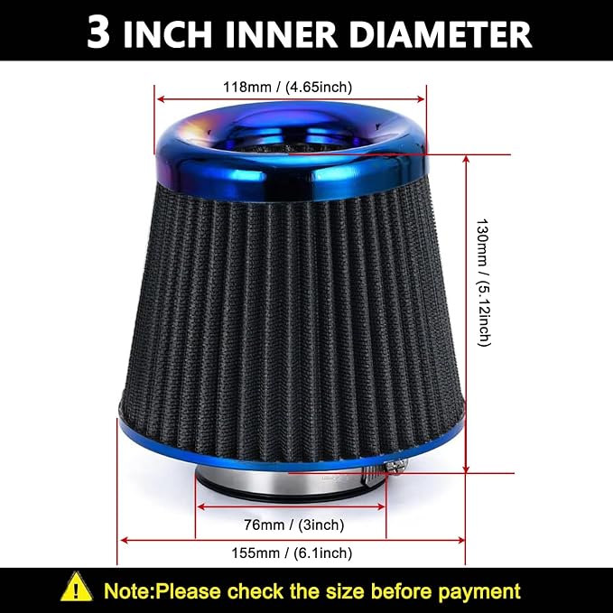 Cold Air Intake Filter, High Performance, Washable Filter, Clamp-On Replacement - Image 2