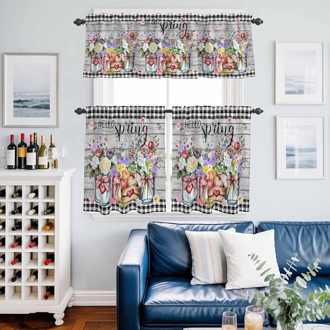 Kitchen Curtains Tiers and Valance Set of 3, Spring Flowers Light Filtering - Image 6