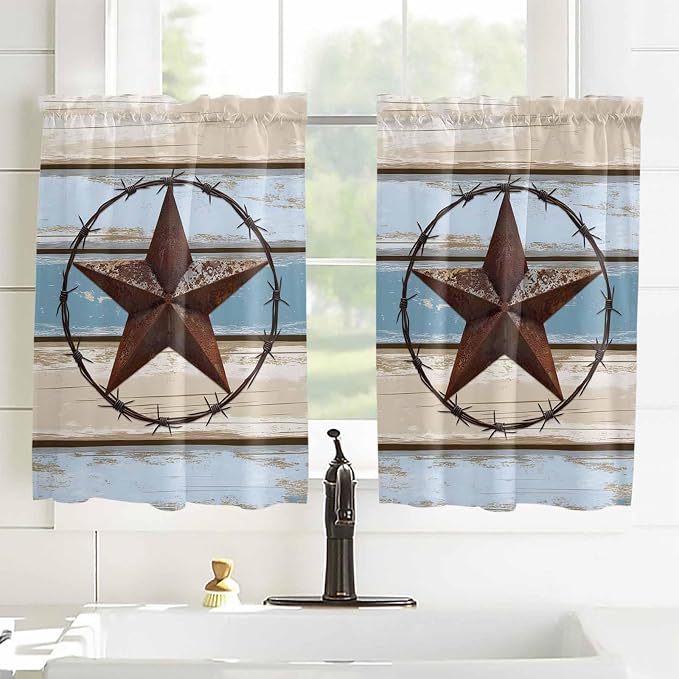 Vintage Western Star on Wood Grain Window Valance Curtains, Retro Wooden - Image 8