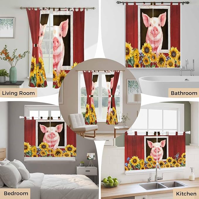 Pigs Sunflowers Bathroom Curtains 63 Inch Length, Window Curtains Tab Top - Image 7