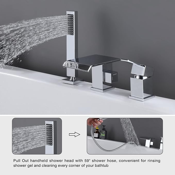 TapLong Modern Roman Tub Faucet with Hand Shower, Waterfall Deck Mount Bathtub Filler Faucet with Sprayer, Widespread 3 Holes Tub Shower Faucet Set in Polished Chrome, 02763CH
