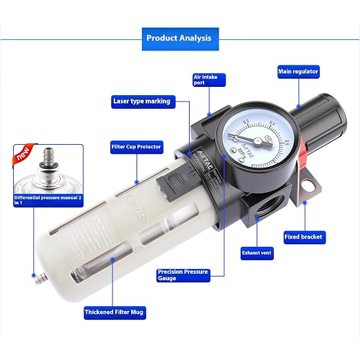 Compressed Air Pressure Filter Regulator Airtac BFR2000-C 1/4'' NPT 0-140 PSI - Image 3