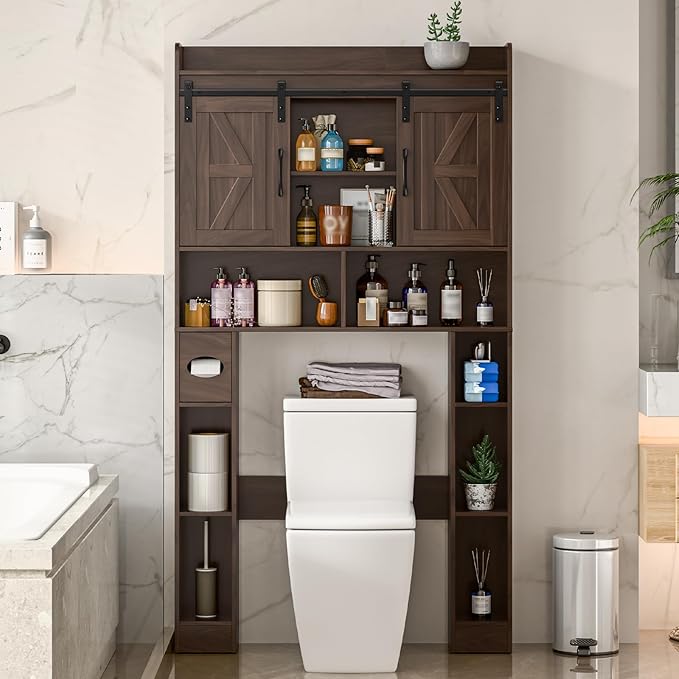 Farmhouse Storage Cabinet Over Toilet with Sliding Doors，Over The Toilet Storage Cabinet, Home Space-Saving Toilet Rack, for Bathroom, Restroom, Laundry.Espresso