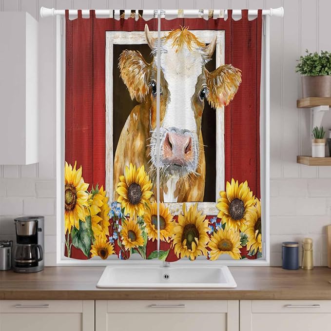 Cows Sunflowers Living Room Curtains 84 Inch Length, Window Curtains Tab Top - Image 9