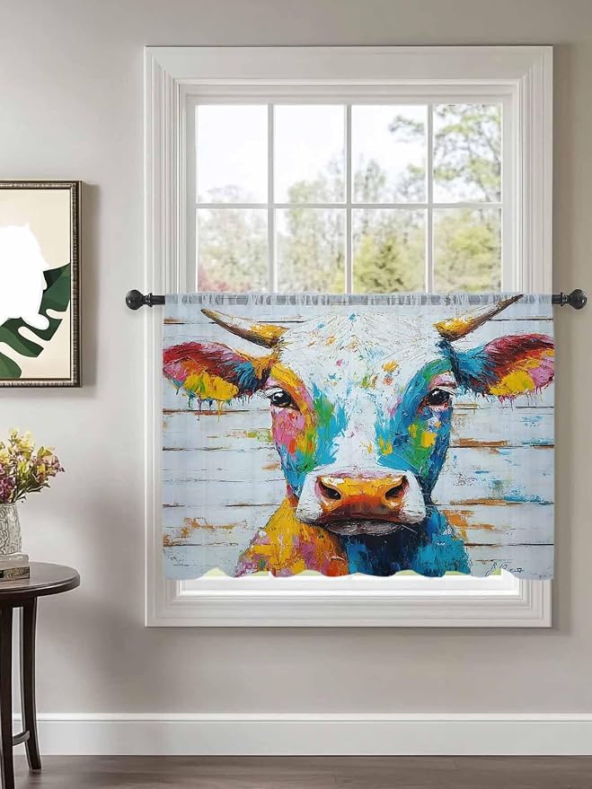 Sheer Curtains 45 Inch Length, Funny Colorful Cow Semi Sheer Curtains Light - Image 2