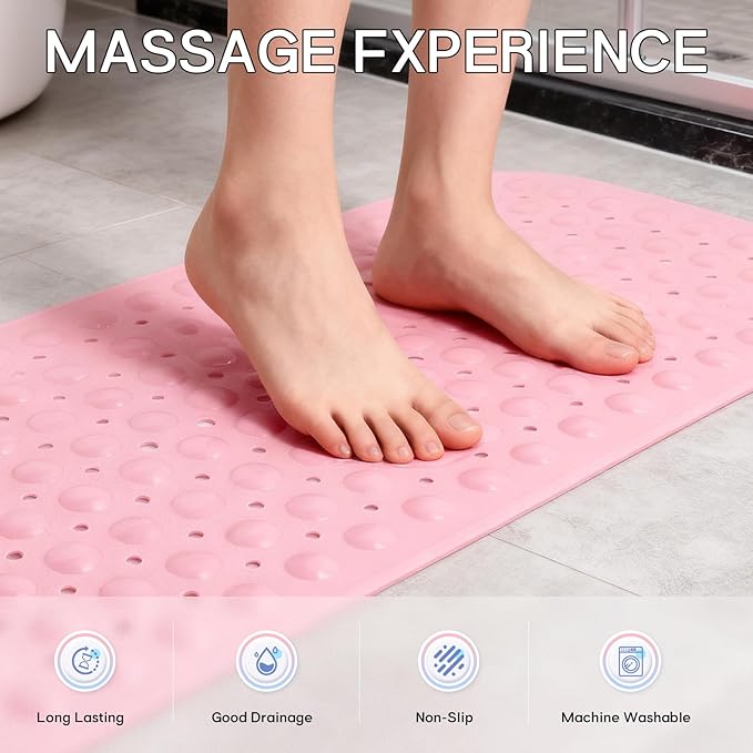 Anti-Slip Bathtub Shower mat, 39.3×15.7 inch（Approximately 100 × 40cm） Soft Oversized Machine Washable Non-Slip Bathtub mat with Drainage Holes, Bathroom Floor Suction Cup.（1-Opaque Pink）