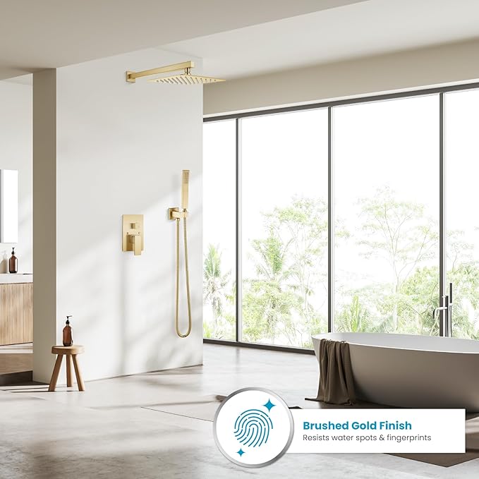 gotonovo Rainfall Bathroom Shower System Rain Shower Head and Handle Set Wall Mounted Shower Complete Combo Solid Brass Pressure Balancing Shower Mixer Valve 10 Inch Brushed Gold