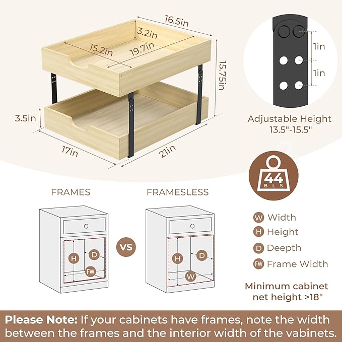 COOLBEBE 2 Tier Pull Out Drawers for Cabinets，17"W x 21"D Double Tier Slide Out Wood Drawer Shelf Organizer, Soft Close Cabinet Pull Out Shelves in Kitchen, Pantry