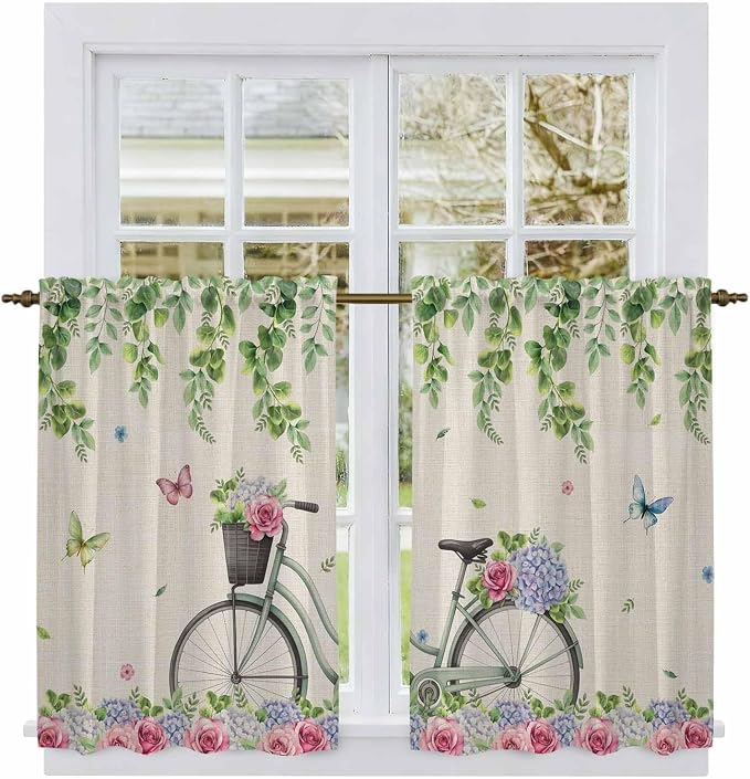 Farmhouse Spring Kitchen Curtains, Retro Bicycles Flowers Vines Butterfly Light - Image 2
