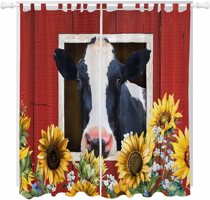 Cow Sunflowers Living Room Curtains 96 Inch Length, Window Curtains Tab Top by Unknown