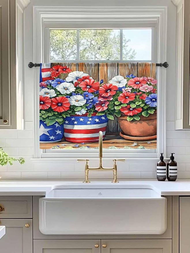 Sheer Curtains 54 Inch Length, Retro Independence Day Flag Wood Grain Privacy - Image 3