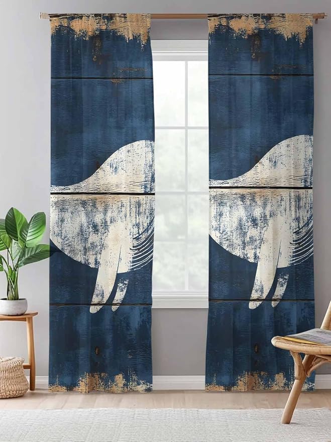 Sheer Curtains 96 Inches Long, Ocean Whale Blue Semi Sheer Curtains Light - Image 5
