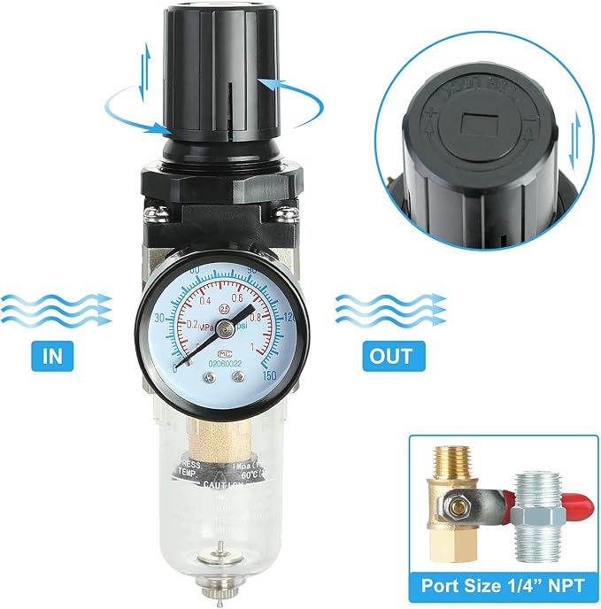 Hromee 1/4 Inch Air Compressor Filter Regulator Combo, Water Oil Separator - Image 3