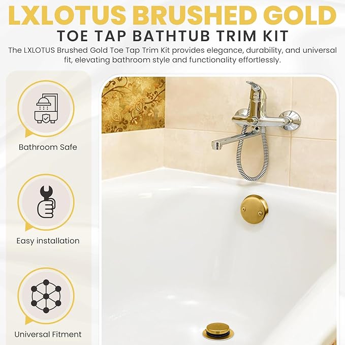 LXLTOUS Brushed Gold Toe Tap Bathtub Trim Set with Two-Hole Overflow Faceplate, Replacement Brass Tub Drain Kit with 2-Hole Overflow Cover and Universal Fine/Coarse Thread, Fits 1-3/8" and 1-1/2"