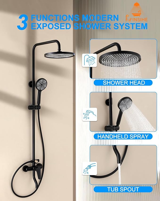 Outdoor Shower Fixture, Black Exposed Shower System with Tub Spout, Dial Thermometer Brass Valve, Wall Mount Outside Shower Faucet Combo with 10'' Rainfall Shower Head for Bath Backyard