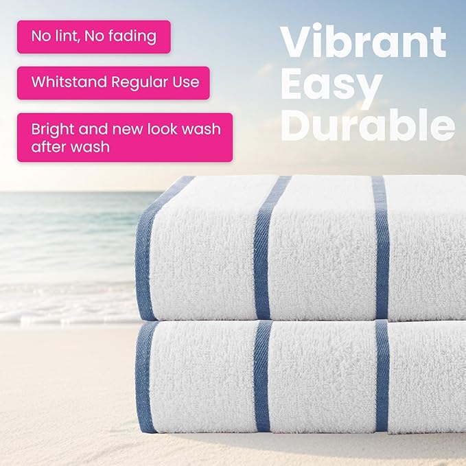 CASA COPENHAGEN Cabana Pool 2 Pieces Large Bath Sheet Set 70" x 35", 550 GSM, Designed in Denmark, Made of Soft Egyptian Cotton for Bathroom, Beach & Shower - White Navy Stripe