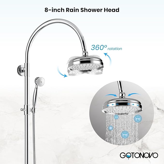 gotonovo Exposed Bathroom Shower System Classic Shower Kit 8 Inch Luxurious Rainfall Shower Head Handheld Spray Tub Filler Brass Pipe 3-Function Wall Mount Double Cross Knobs Polished Chrome